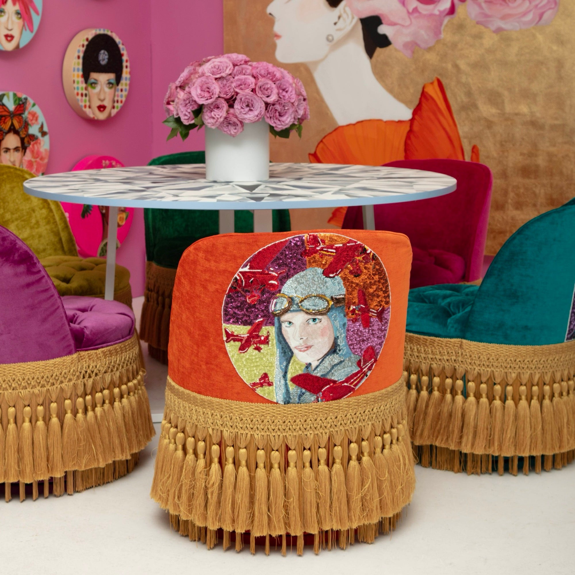First Edition Amelia Earhart Tufted & Tasseled Velvet Barrel Chair
