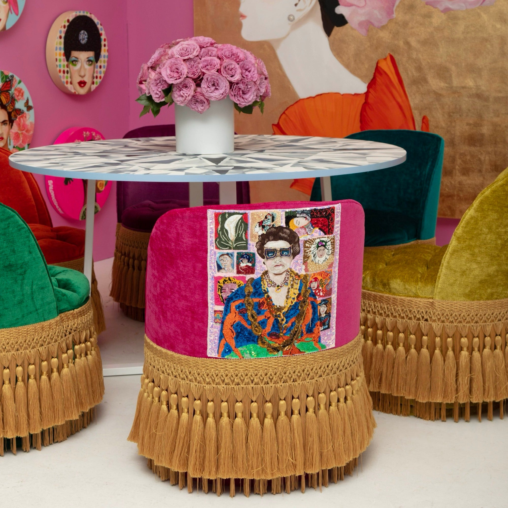 First Edition Peggy Guggenheim Tufted & Tasseled Velvet Barrel Chair