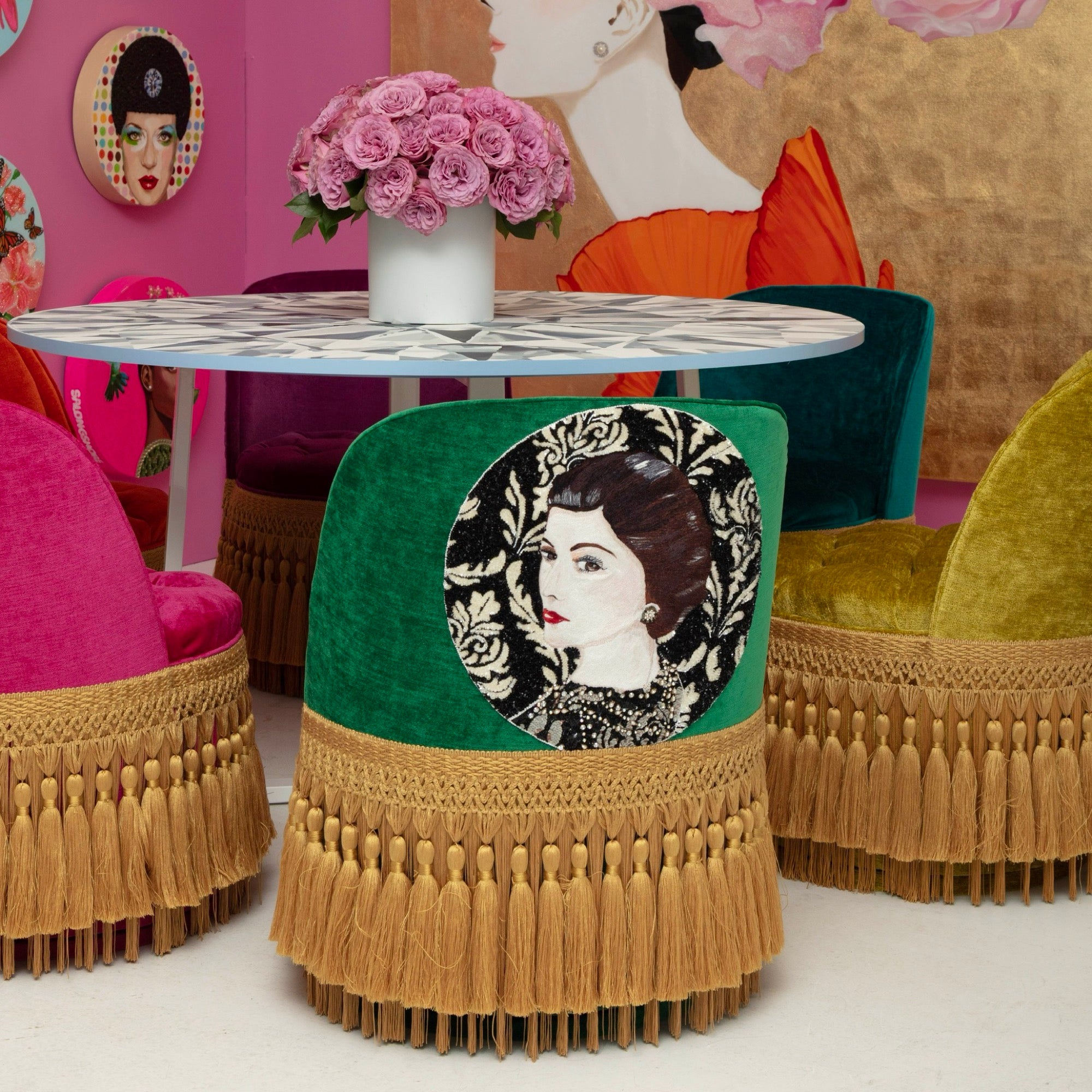 First Edition Coco Chanel Tufted & Tasseled Velvet Barrel Chair