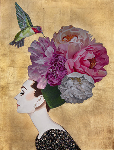 Audrey With Peony Bouquet  Chapeau on Gold Leaf