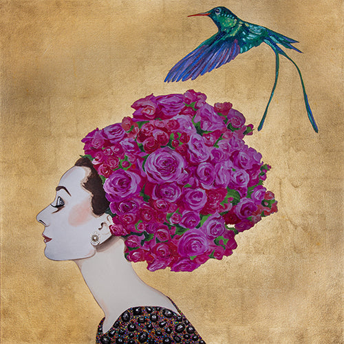 Audrey With Rose Chapeau and Long-Tailed Hummingbird on Gold Leaf