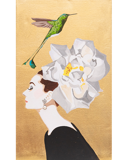 #115 Audrey With White Meidiland Rose Chapeau on Gold Leaf