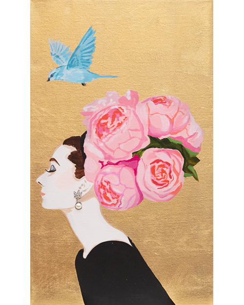 #116 Audrey With Pink Peonies Chapeau + Blue Bird on Gold Leaf