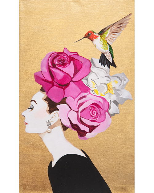 #119 Audrey With Ruby-Throated Hummingbird + Rose Chapeau on Gold Leaf