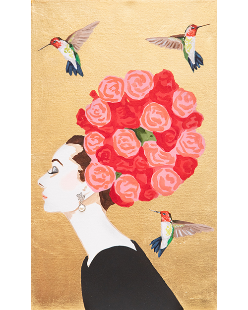#120 Audrey With Trio of Ruby-Throated Hummingbirds on Gold Leaf