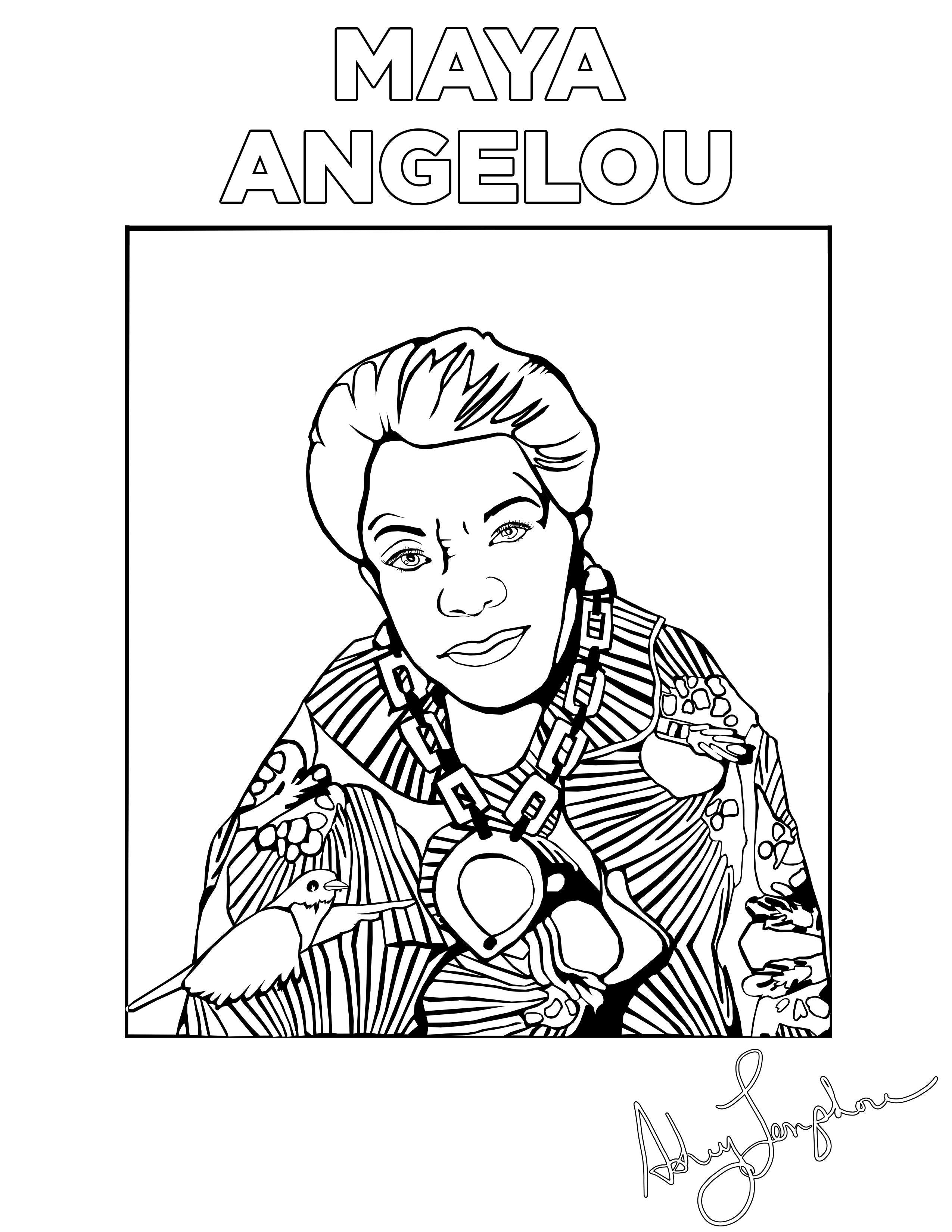 Ashley Longshore coloring pages featuring Maya Angelou.