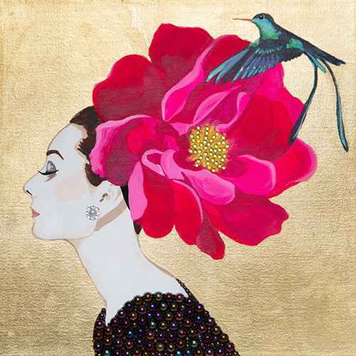 #91 Audrey With Red Camellia Chapeau on Gold Leaf | 16x16