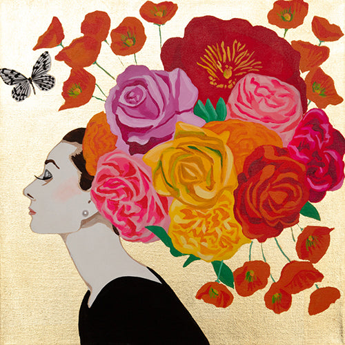 #95 Audrey With Rose and Poppy Chapeau on Gold Leaf | 16x16