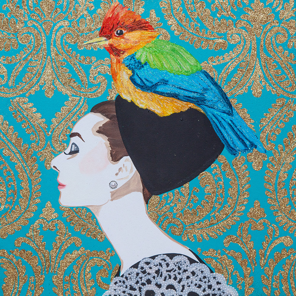 #312 Audrey With Kingfisher on Gold & Turquoise Damask