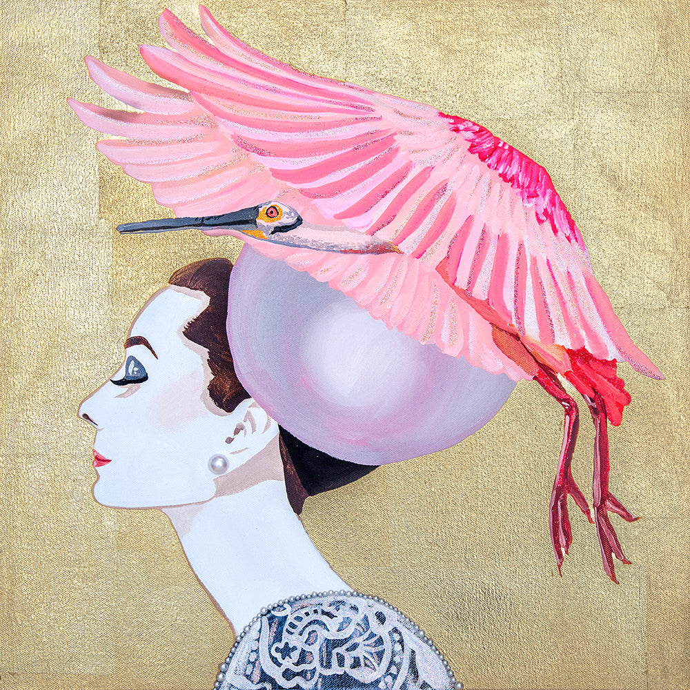 #318 Audrey With Roseate Spoonbill & Blush Pearl on Gold Leaf