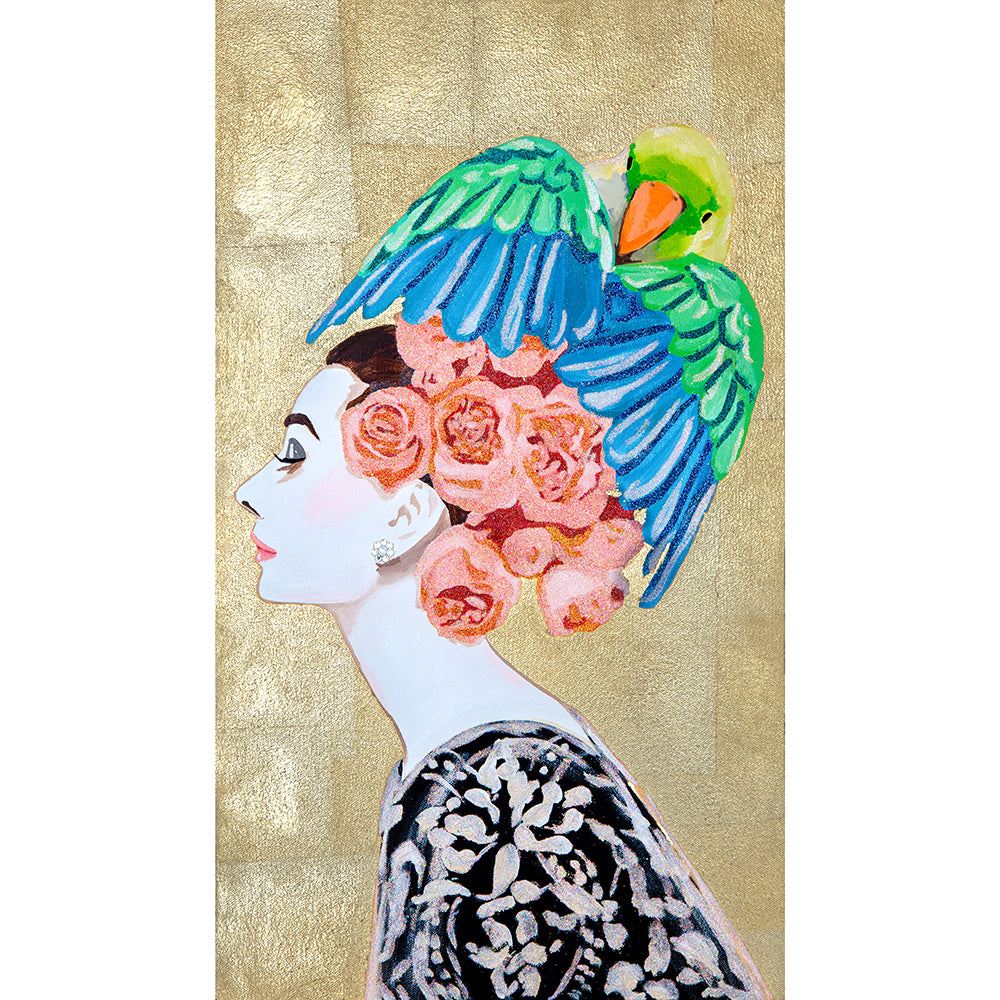 #310 Audrey Mini Masterpiece With Parrot & Peach Roses on Gold Leaf