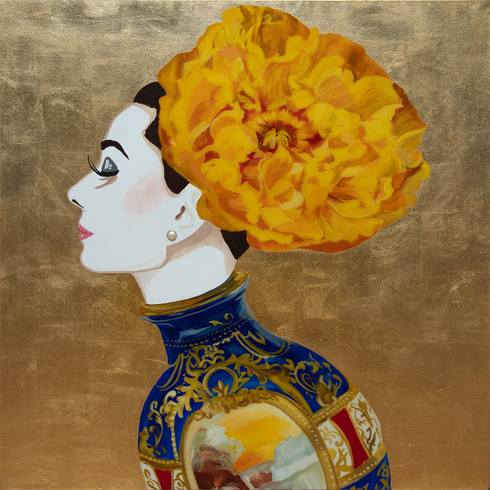 A stylized portrait painting of a woman in profile with a large yellow flower on her head, set against a textured gold background. She wears a blue and gold ornate vase-like garment with a small painted mirror detail.