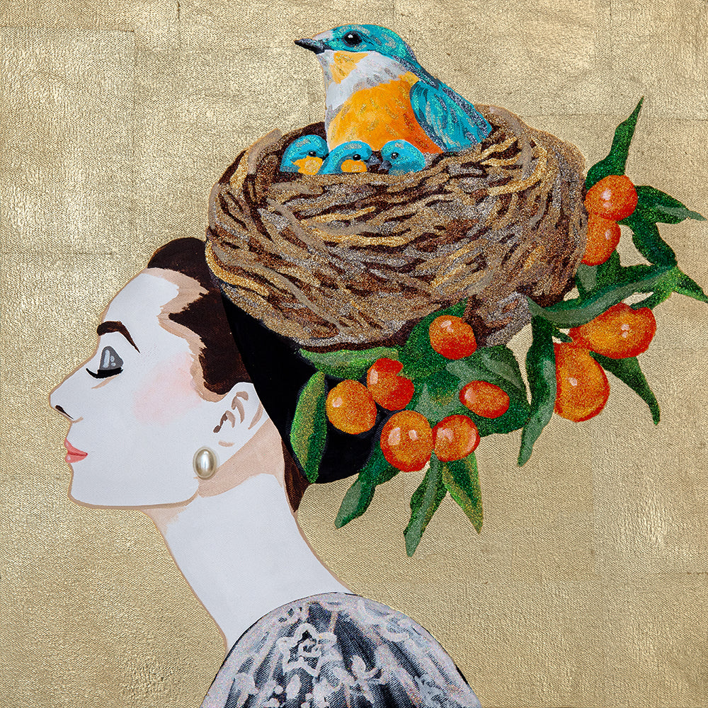 #313 Audrey With Kumquats & Nesting Blue Birds on Gold Leaf