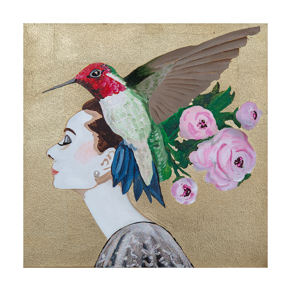 #319 Audrey With Ruby-throated Hummingbird & Roses on Gold Leaf