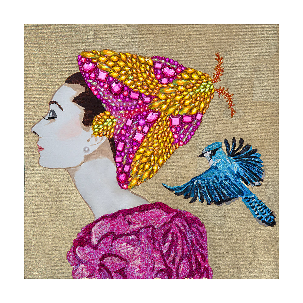 #316 Audrey With Moth Chapeau & Blue Jay on Gold Leaf