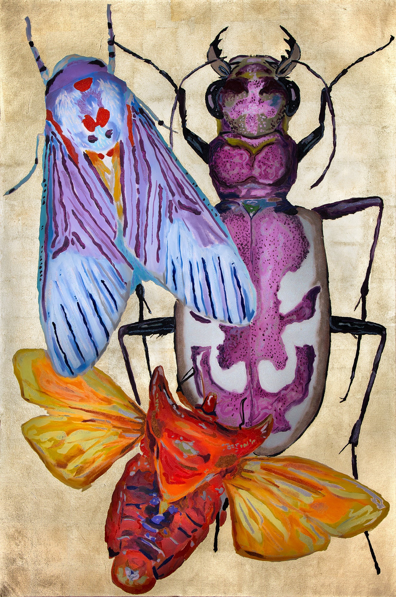 Colorful illustration of a butterfly and a beetle on a textured beige background