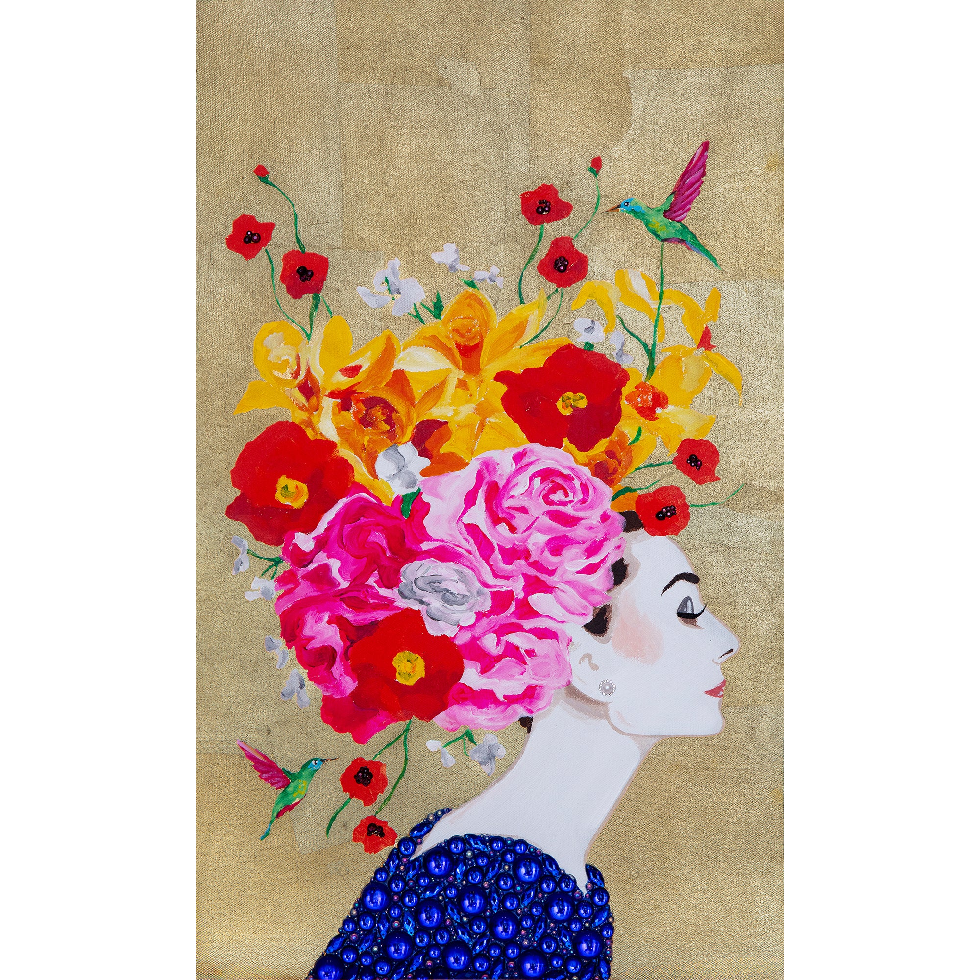 #378 Audrey with Iris, Peony & Poppy Chapeau on Gold Leaf Mini Masterpiece