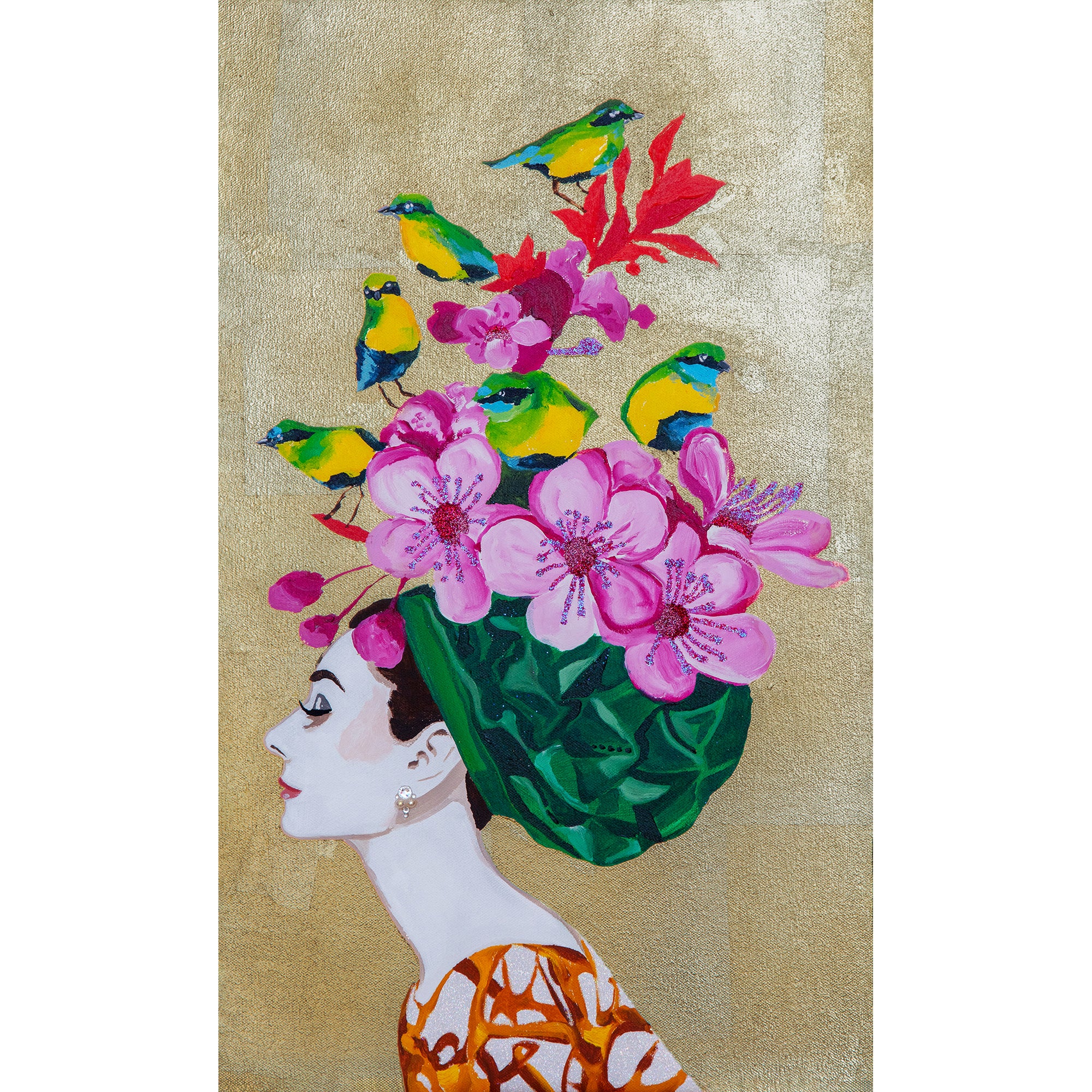 #377 Audrey with Cherry Blossoms & Green Jays on Gold Leaf Mini Masterpiece