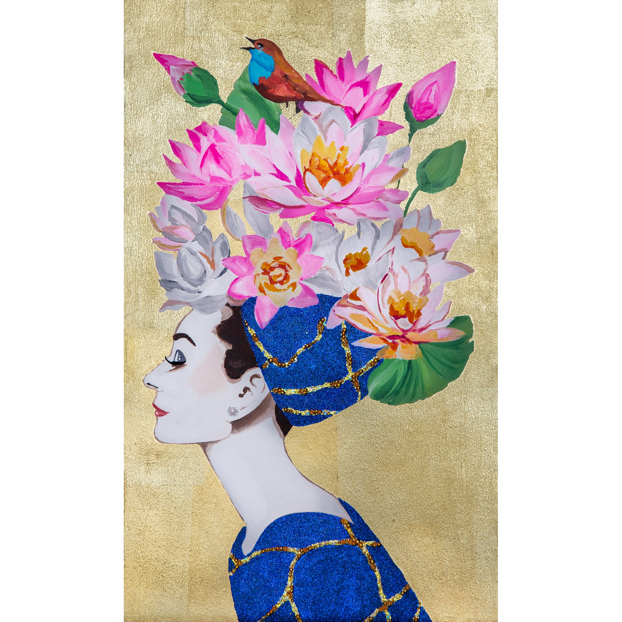 #375 Audrey with Lotus Chapeau & Kintsugi Dress on Gold Leaf Mini Masterpiece