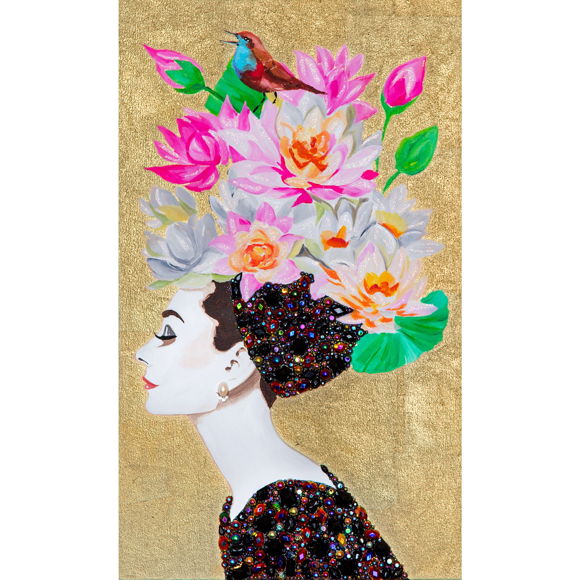 #382 Audrey with Black Embellished Dress & Bluethroat Thrush on Gold Leaf Mini Masterpiece