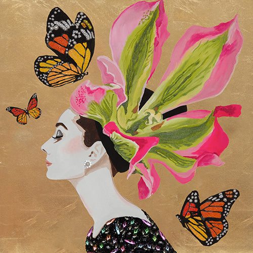 Audrey With Pink and Green Iris Chapeau on Gold Leaf