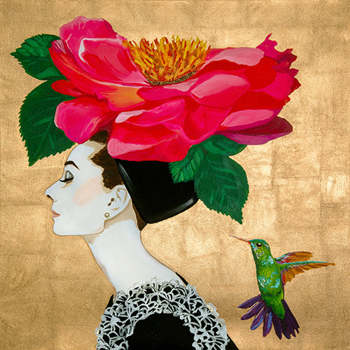 Audrey With Camellia Chapeau and Anna’s Hummingbird on Gold Leaf