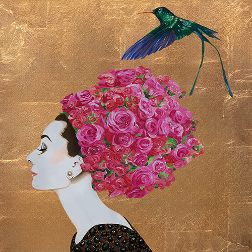 Audrey With Rose Chapeau and Long-Tailed Hummingbird on Gold Leaf