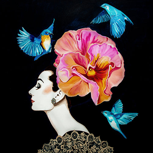 Audrey With Pink Iris Chapeau and Blue Birds