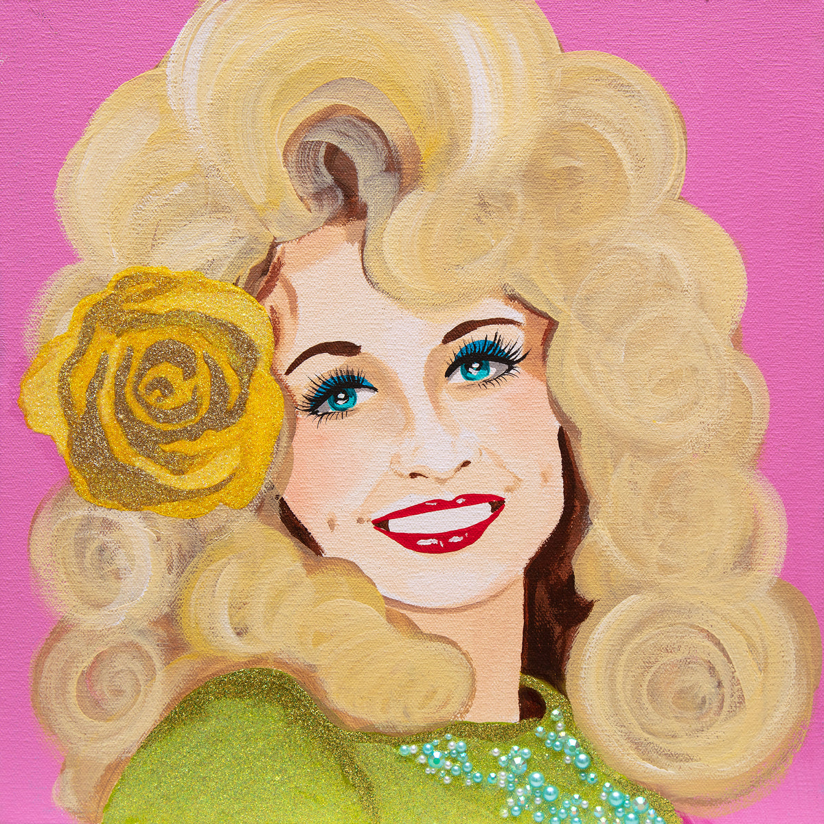 #587 Dolly Parton on Pink Background with Green Dress & Yellow Rose  |  12 x 12"