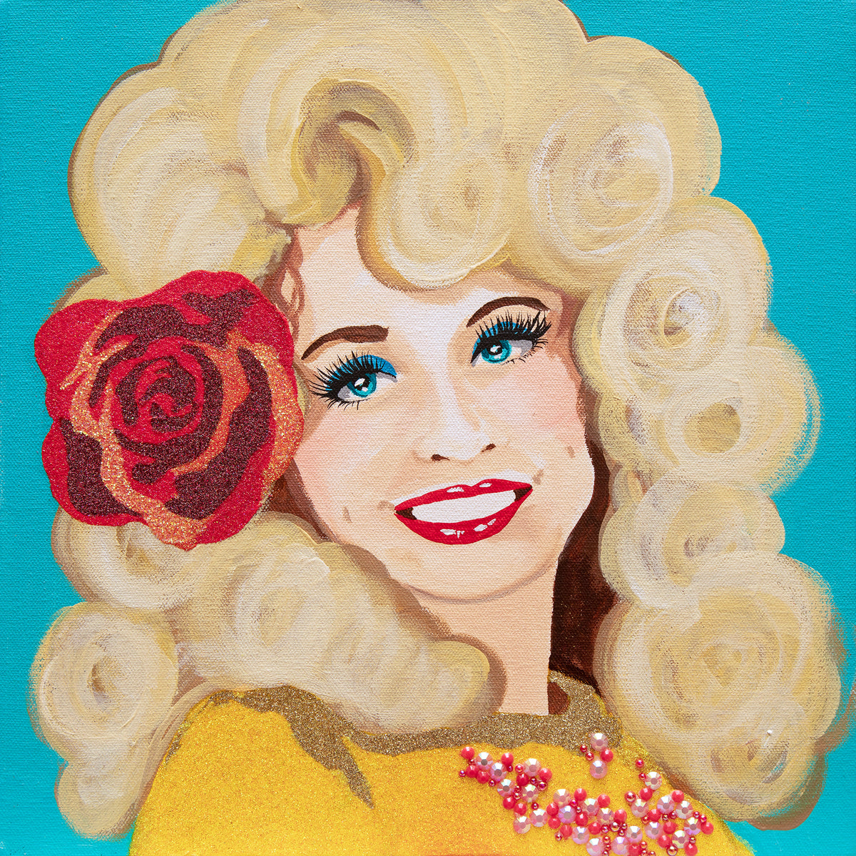 #574 Dolly Parton on Blue Background with Red Rose  |  12 x 12"