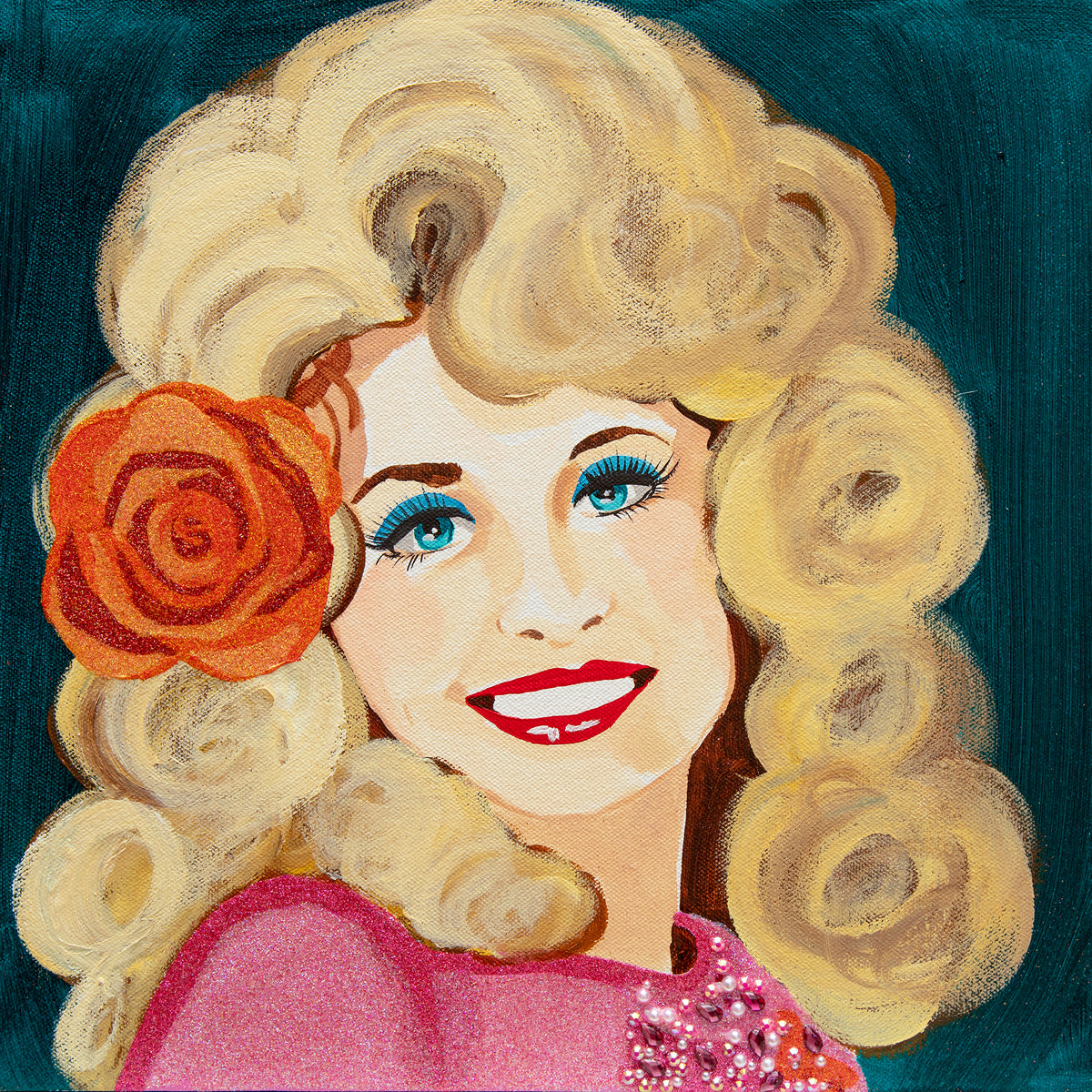 #571 Dolly Parton on Dark Teal Background and Orange Rose  |  12 x 12"