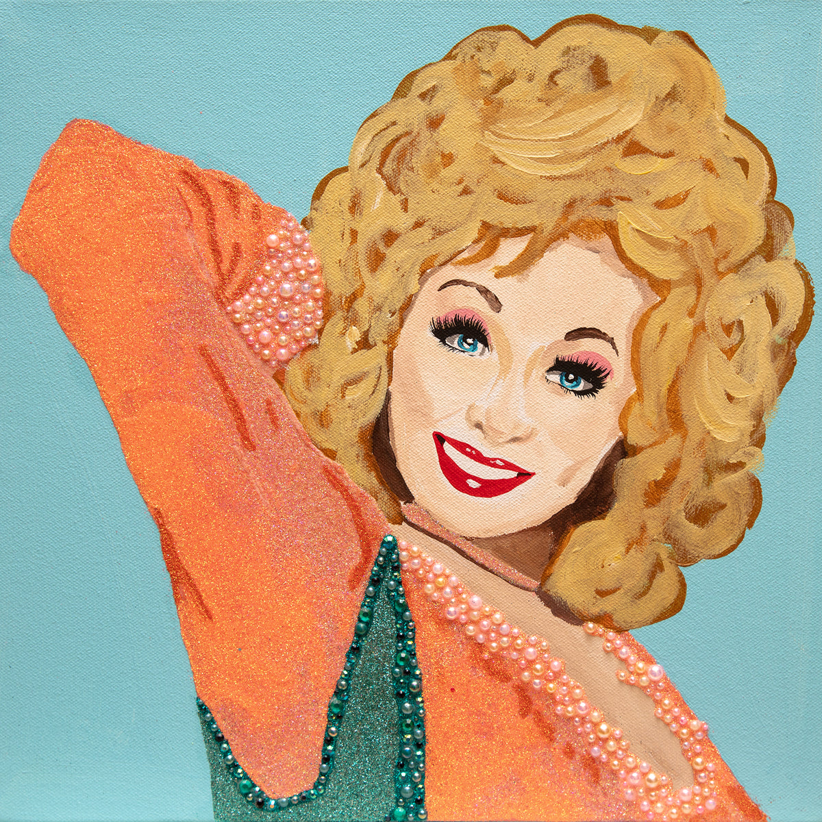 #584 Dolly Parton on Blue Background with Pink Dress  |  12 x 12"
