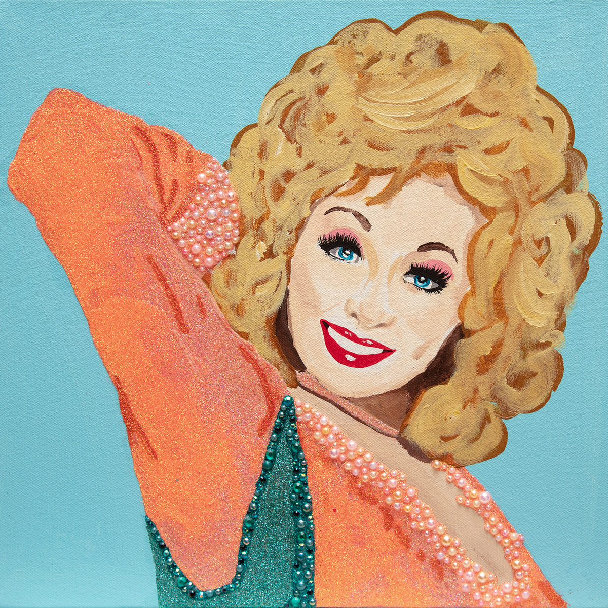 #584 Dolly Parton on Blue Background with Pink Dress