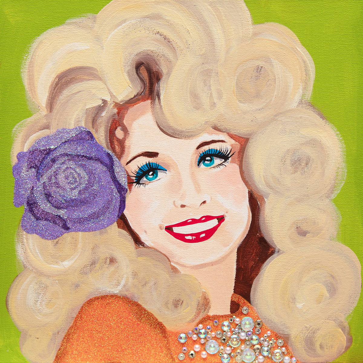 #585 Dolly Parton on Green Background with Purple Rose  |  12 x 12"