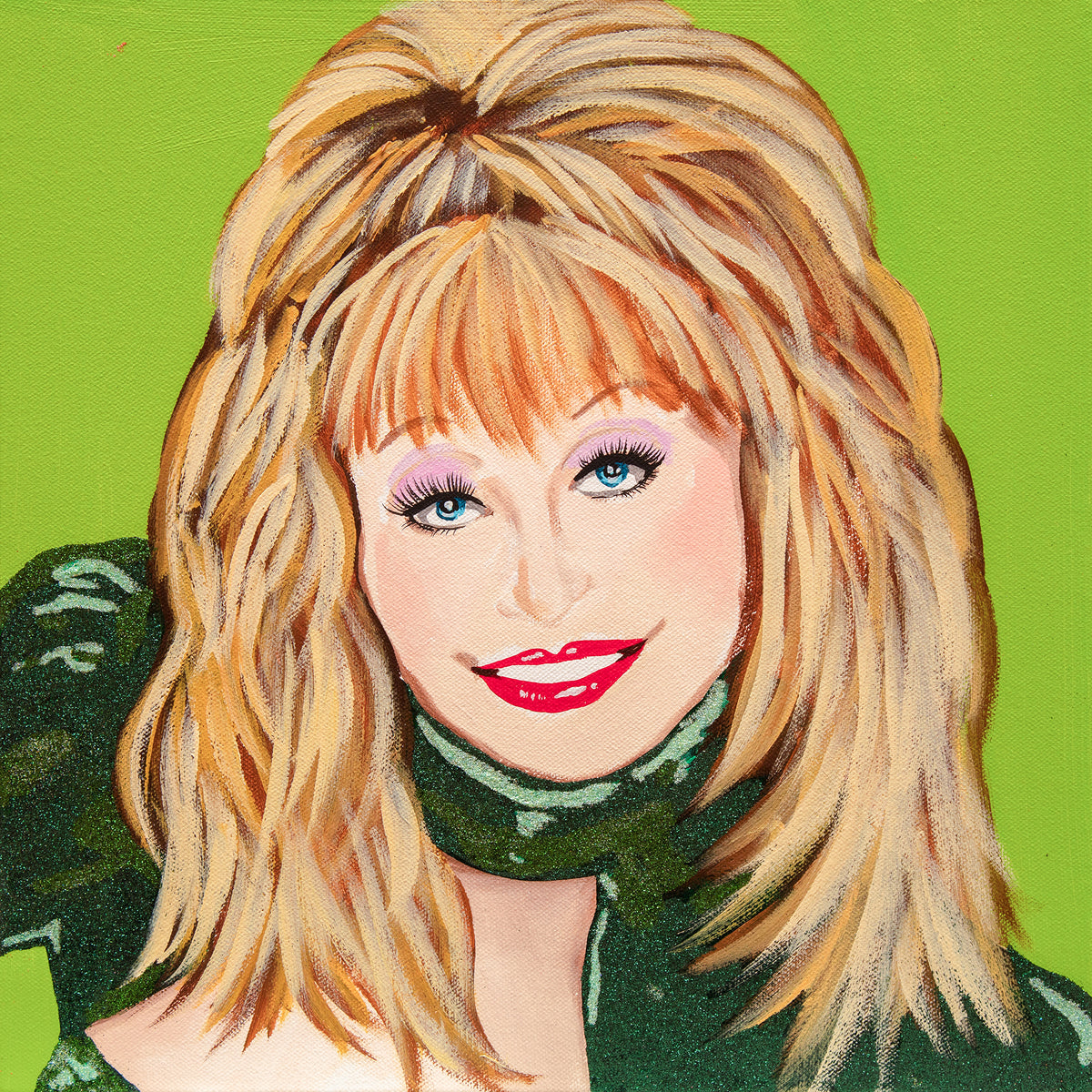 #575 Dolly Parton on Green Background with Green Dress  |  12 x 12"