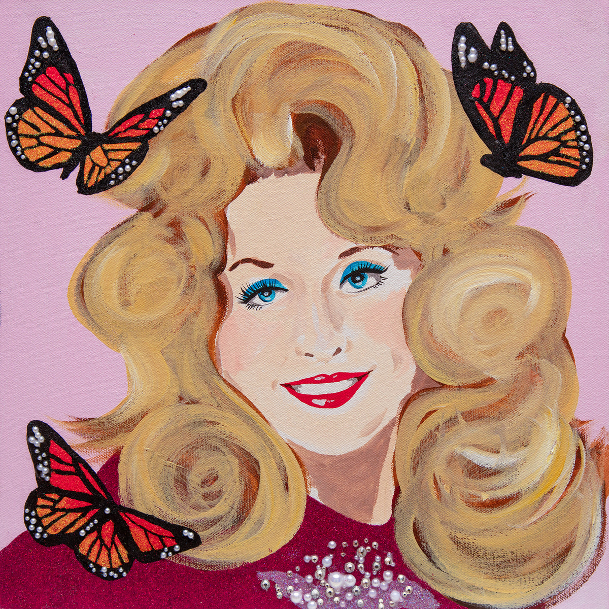 #583 Dolly Parton on Pink Background with Monarchs  |  12 x 12"