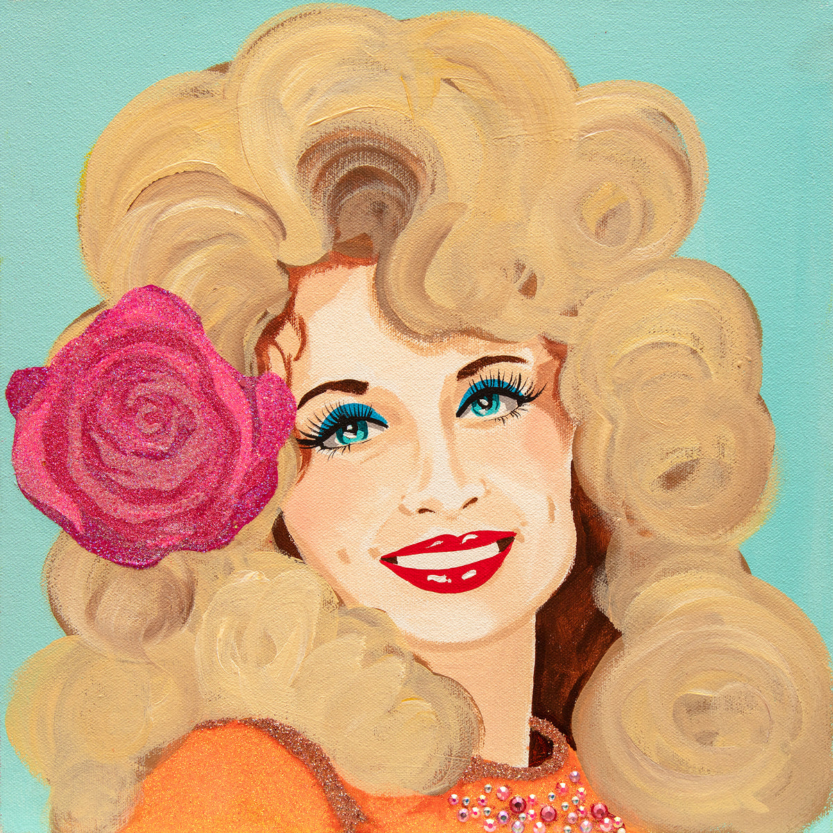 #582 Dolly Parton on Blue Background with Pink Rose  |  12 x 12"