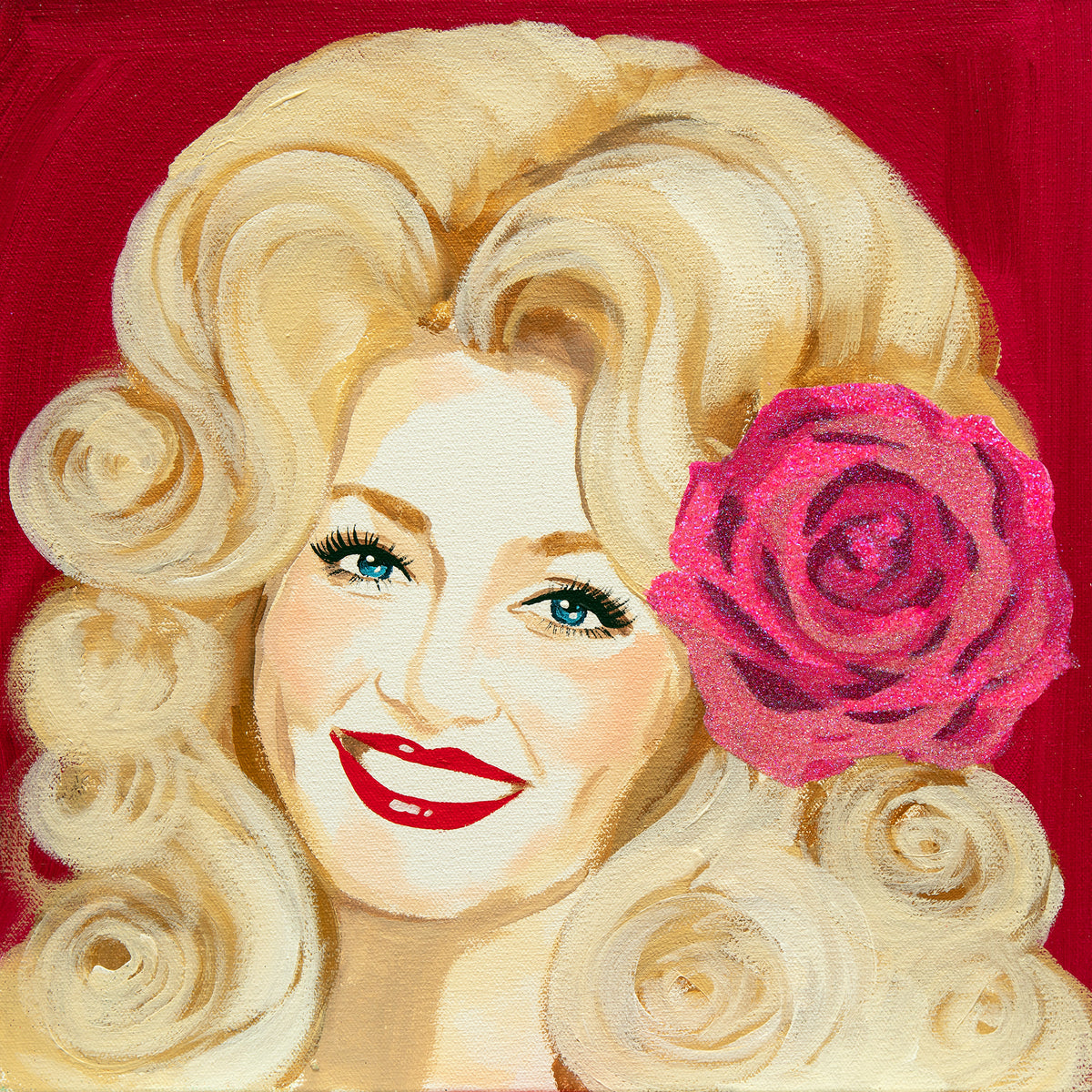 #578 Dolly Parton on Red Background with Red Rose  |  12 x 12"
