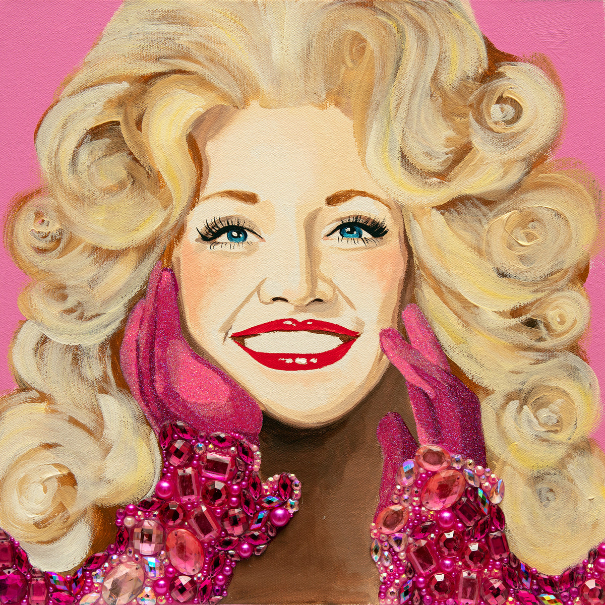 #586 Dolly Parton on Pink Background with Magenta Gloves  |  12 x 12"