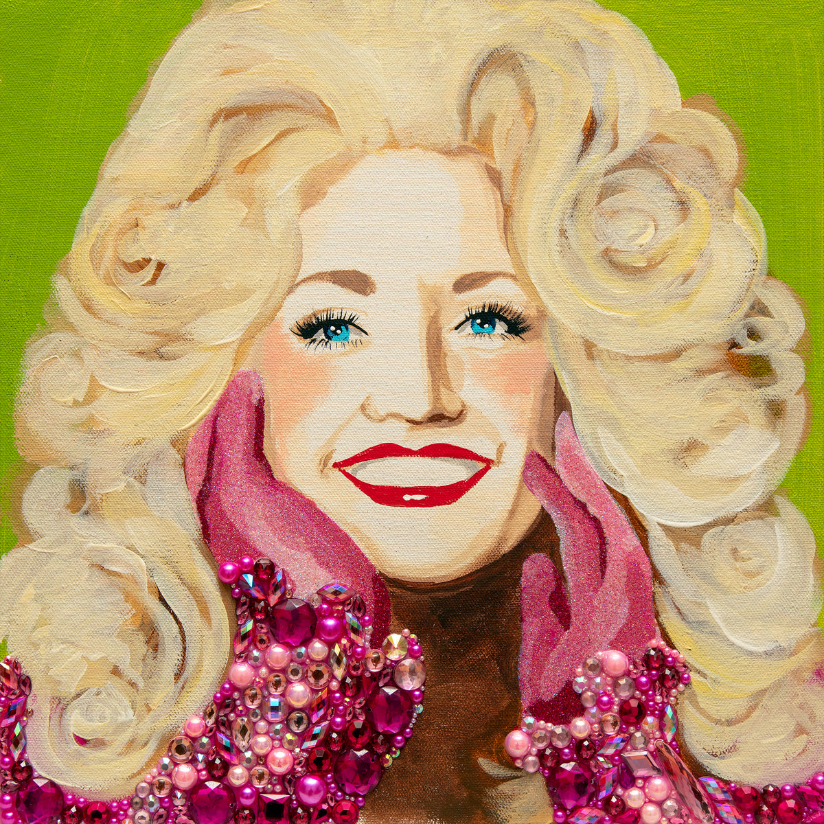 #580 Dolly Parton with Green Background with Pink Gloves  |  12 x 12"