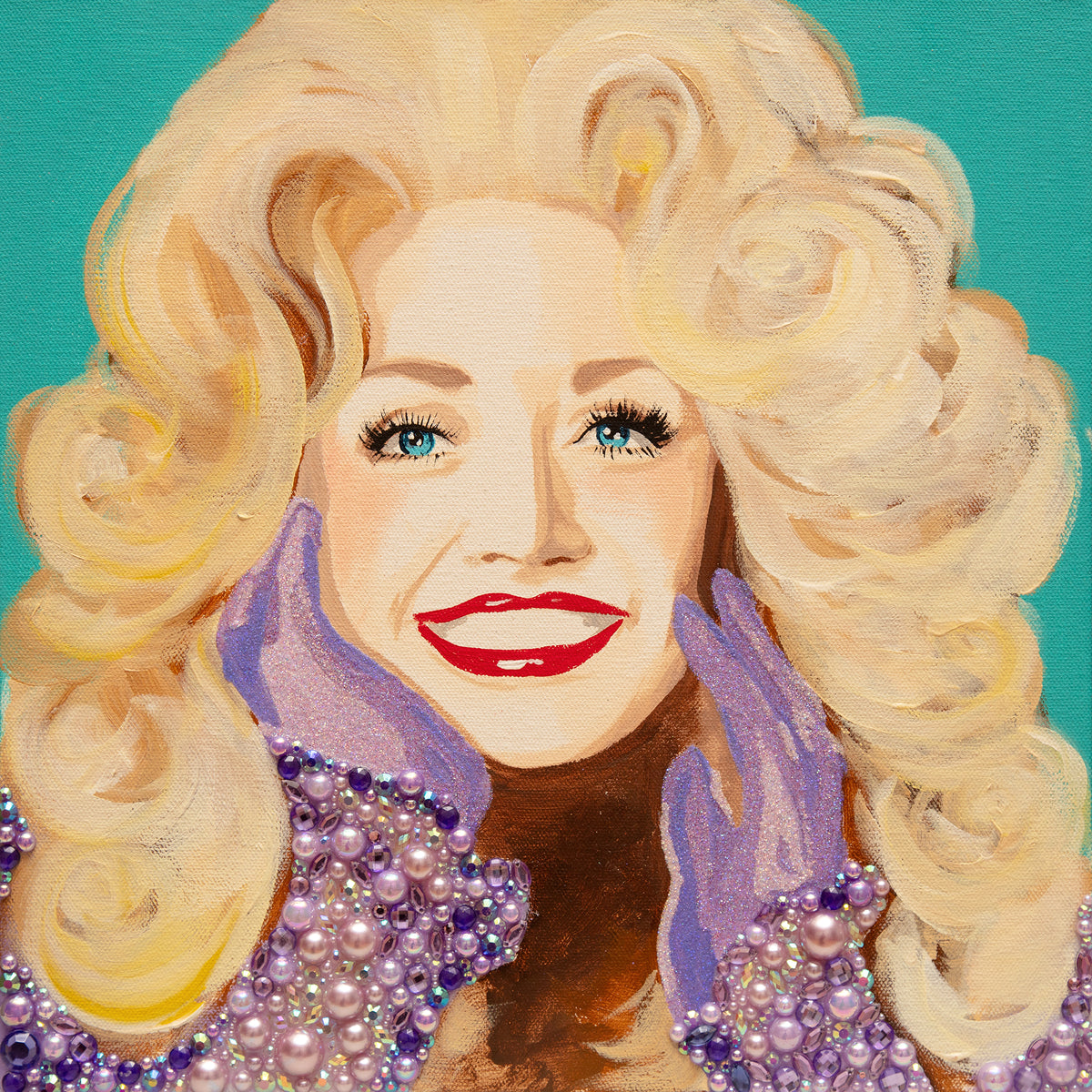 #591 Dolly Parton on Teal with Purple Gloves  |  12 x 12"
