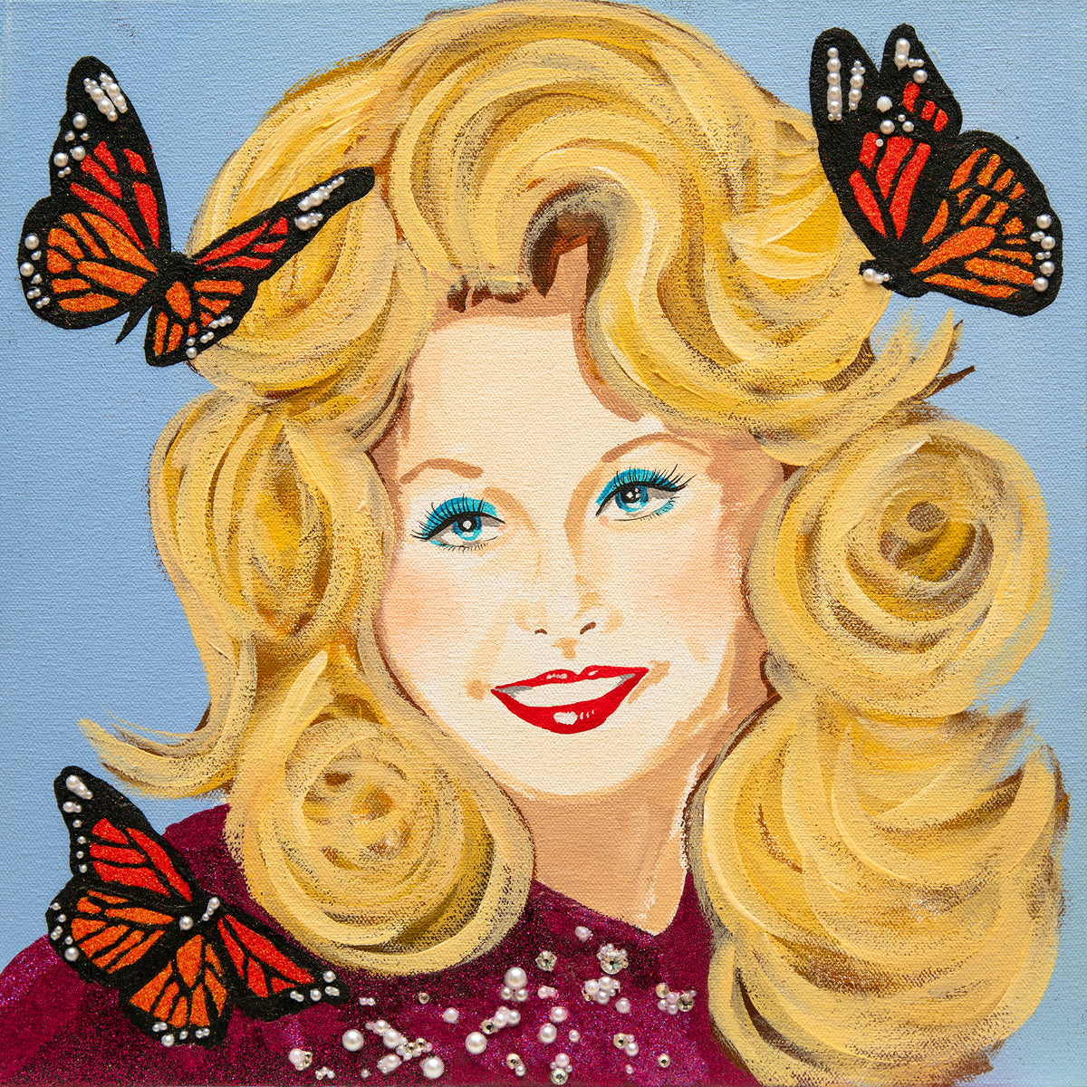#577 Dolly Parton on Blue Background with Monarchs  |  12x 12"