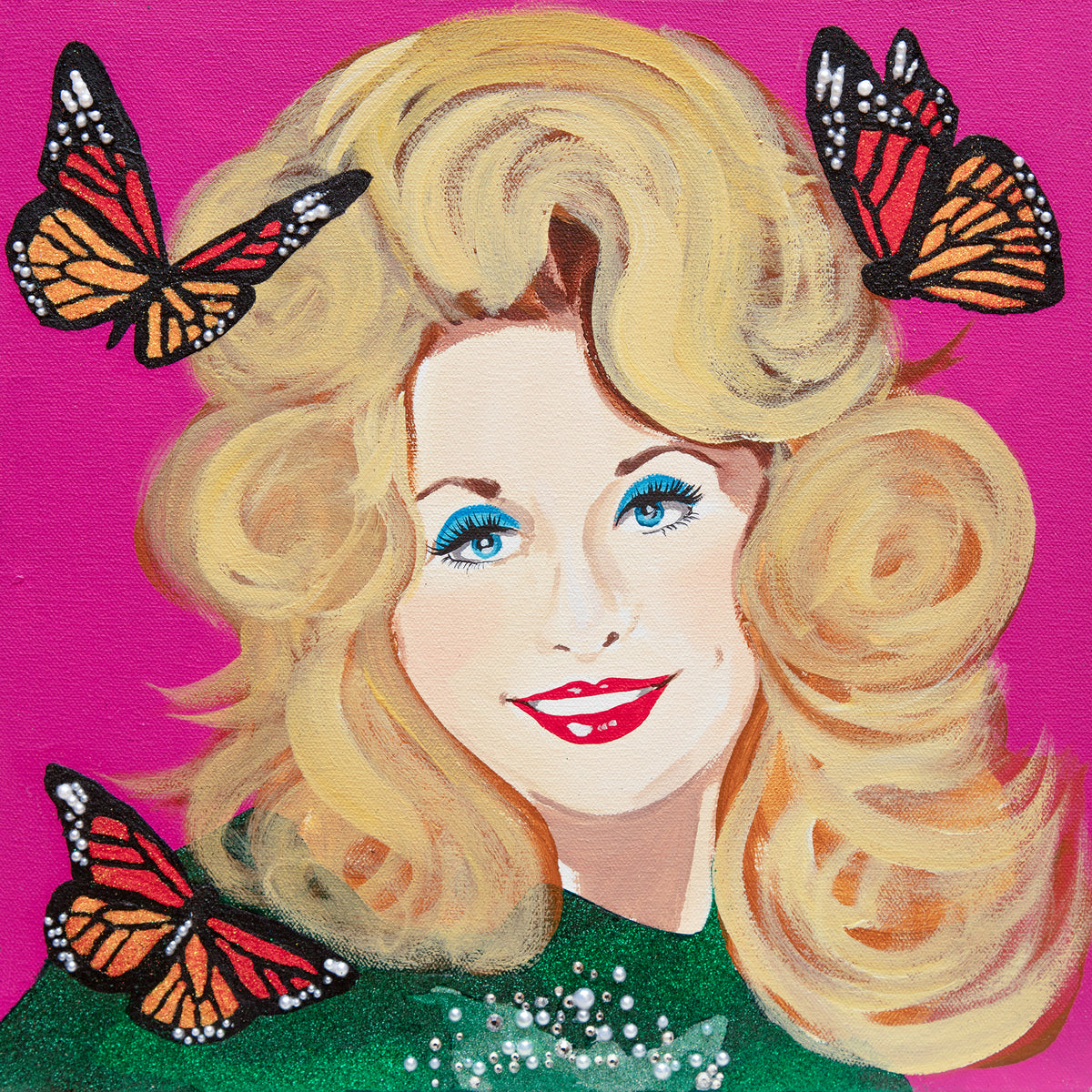 #593 Dolly Parton on Fuchsia Background with Monarchs | 12x12" (Commission)