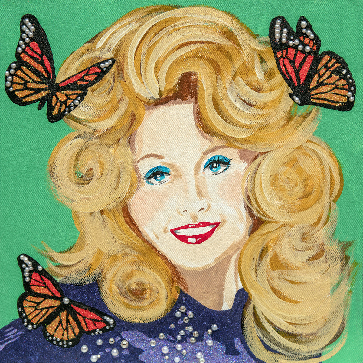 #590 Dolly Parton on Green Background with Monarchs  |  12 x 12"