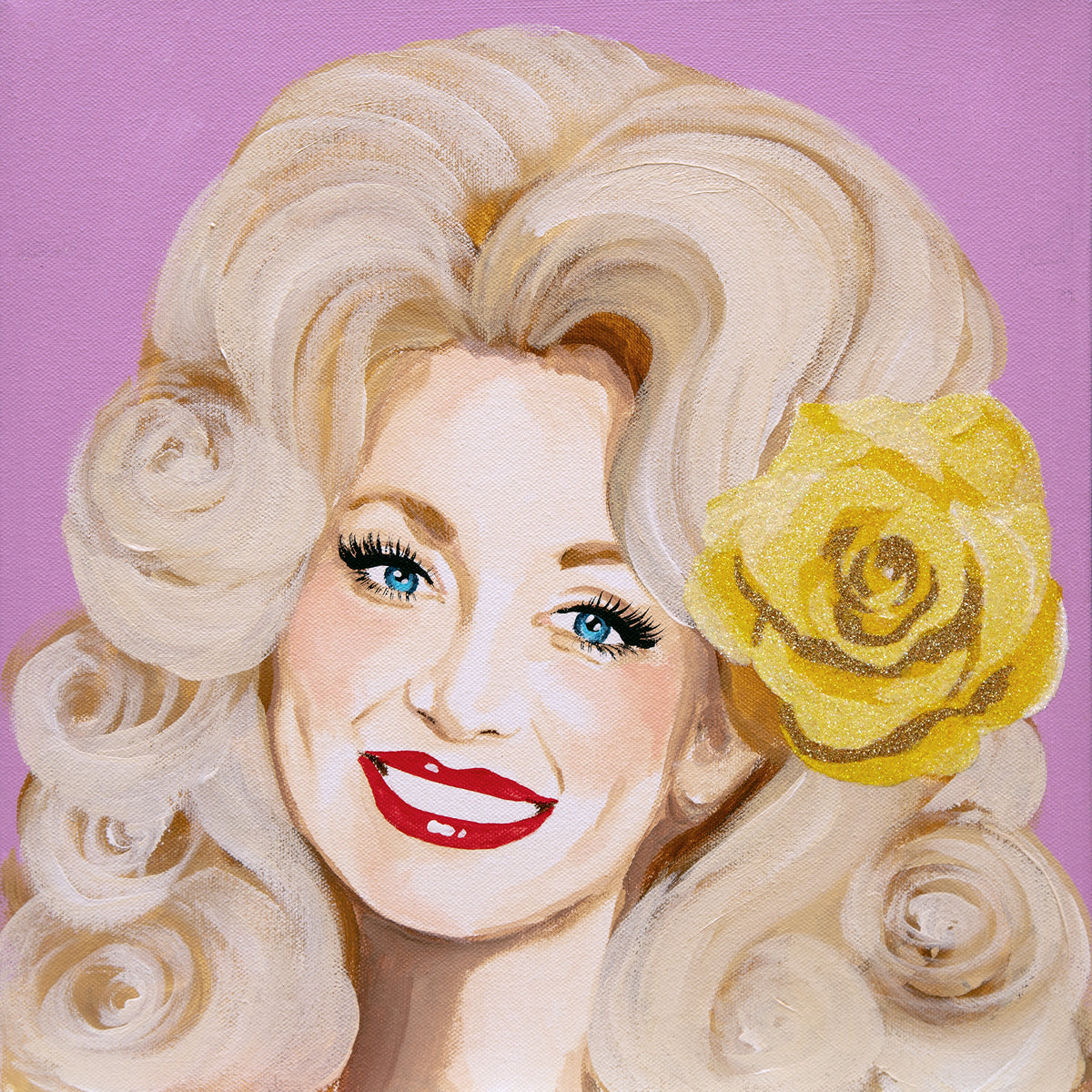 #592 Dolly Parton on Pink Background with Yellow Rose  |  12 x 12"