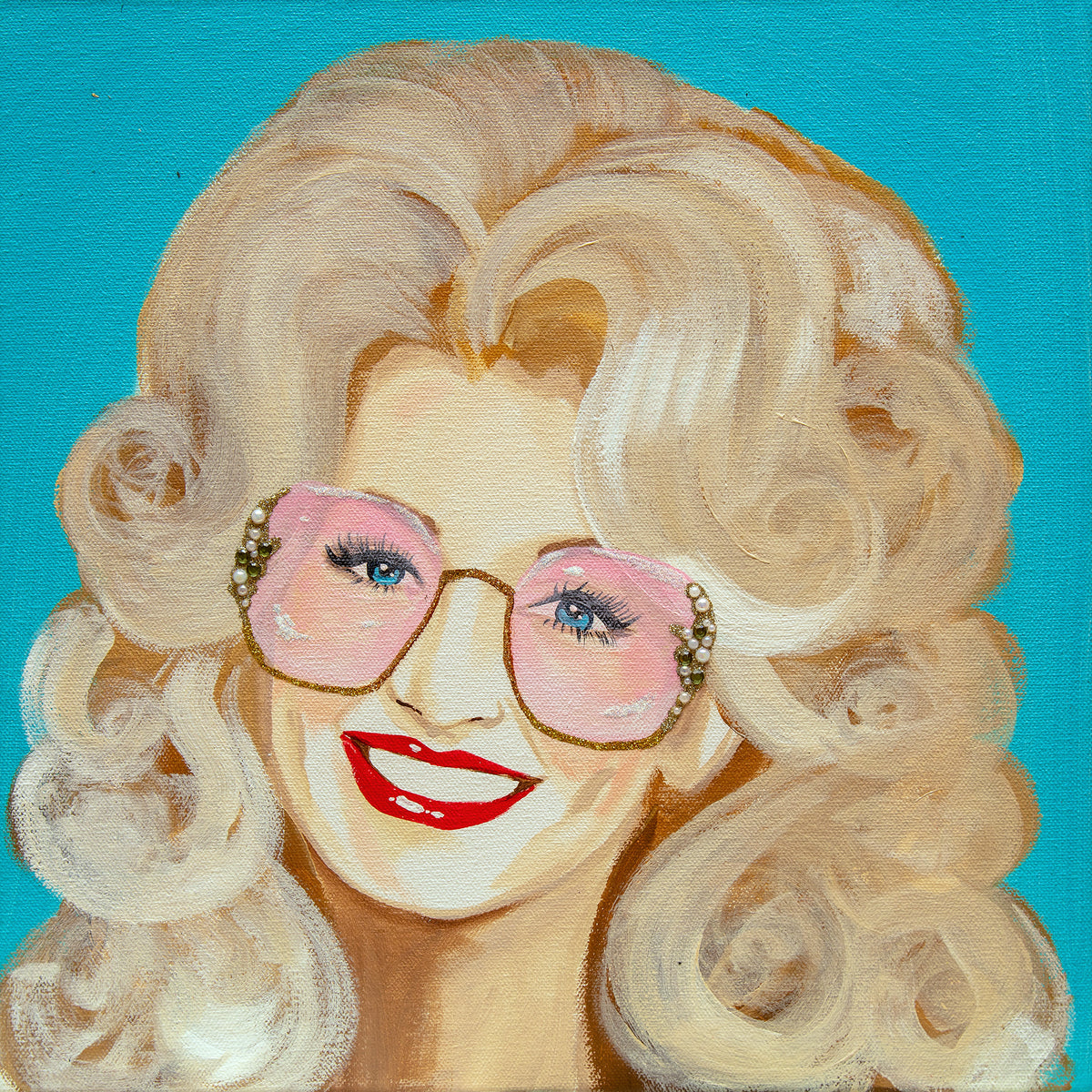 #576 Dolly Parton on Blue Background with Rose Colored Sunnies  |  12 x 12"