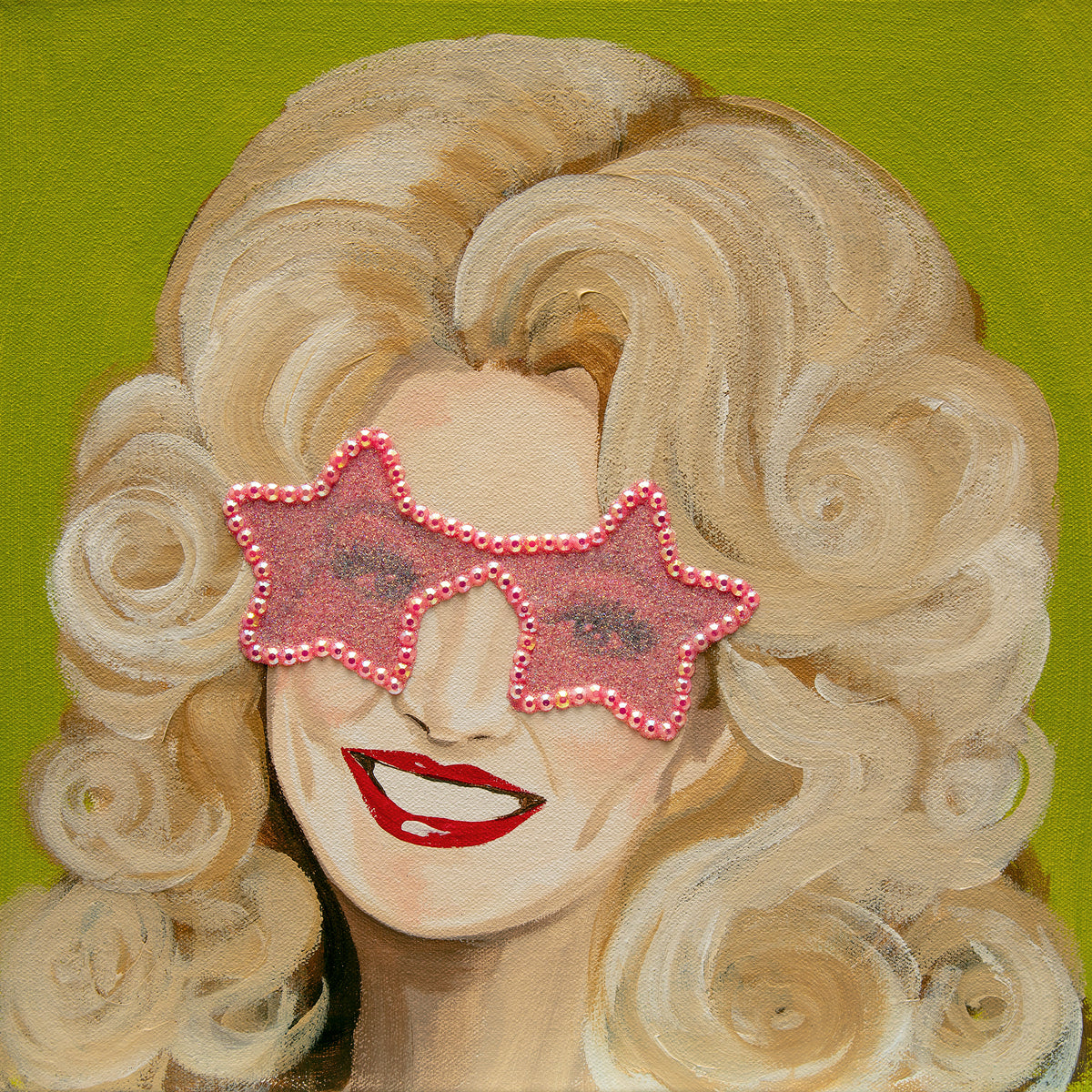 #572 Dolly Parton on Green Background with Star Sunnies  |  12 x 12"