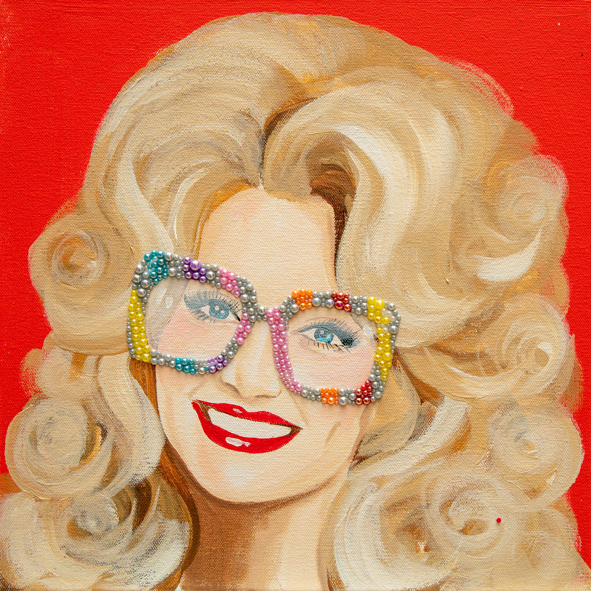 #573 Dolly Parton on Red Background with Rainbow Sunnies  |  12 x 12"