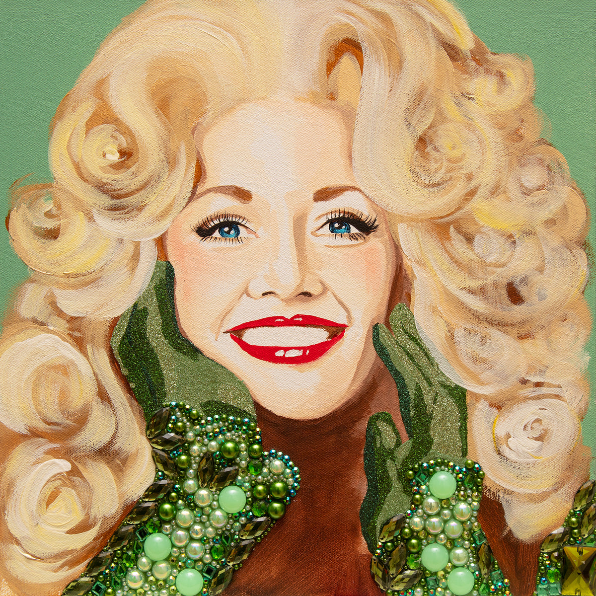 #581 Dolly Parton on Green Background with green Gloves  |  12 x 12"
