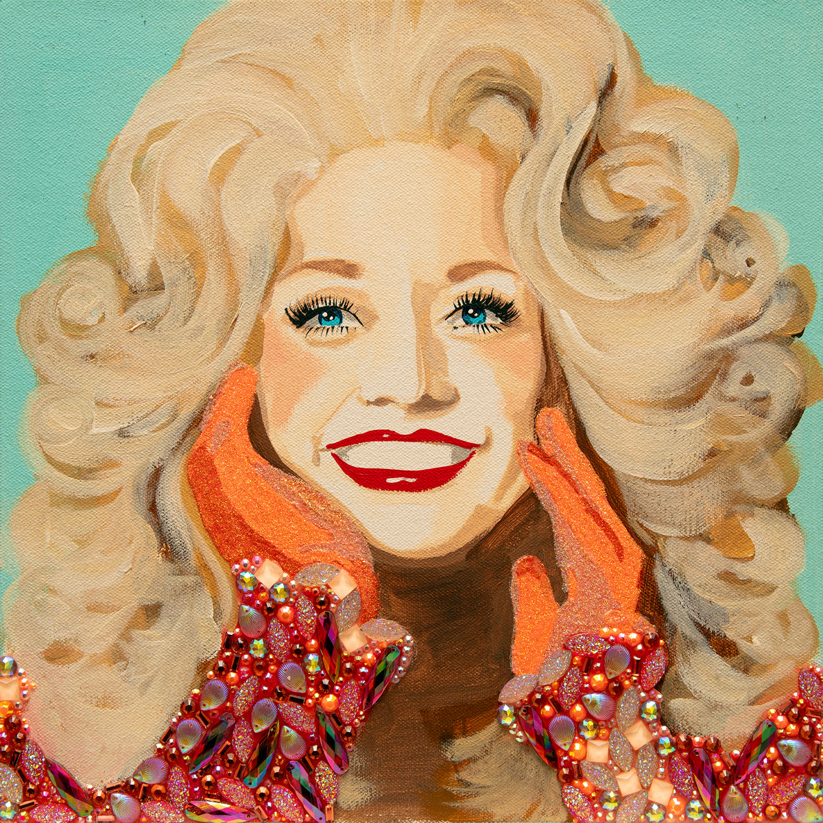 #579 Dolly Parton on Teal Background with Orange Gloves  |  12 x 12"